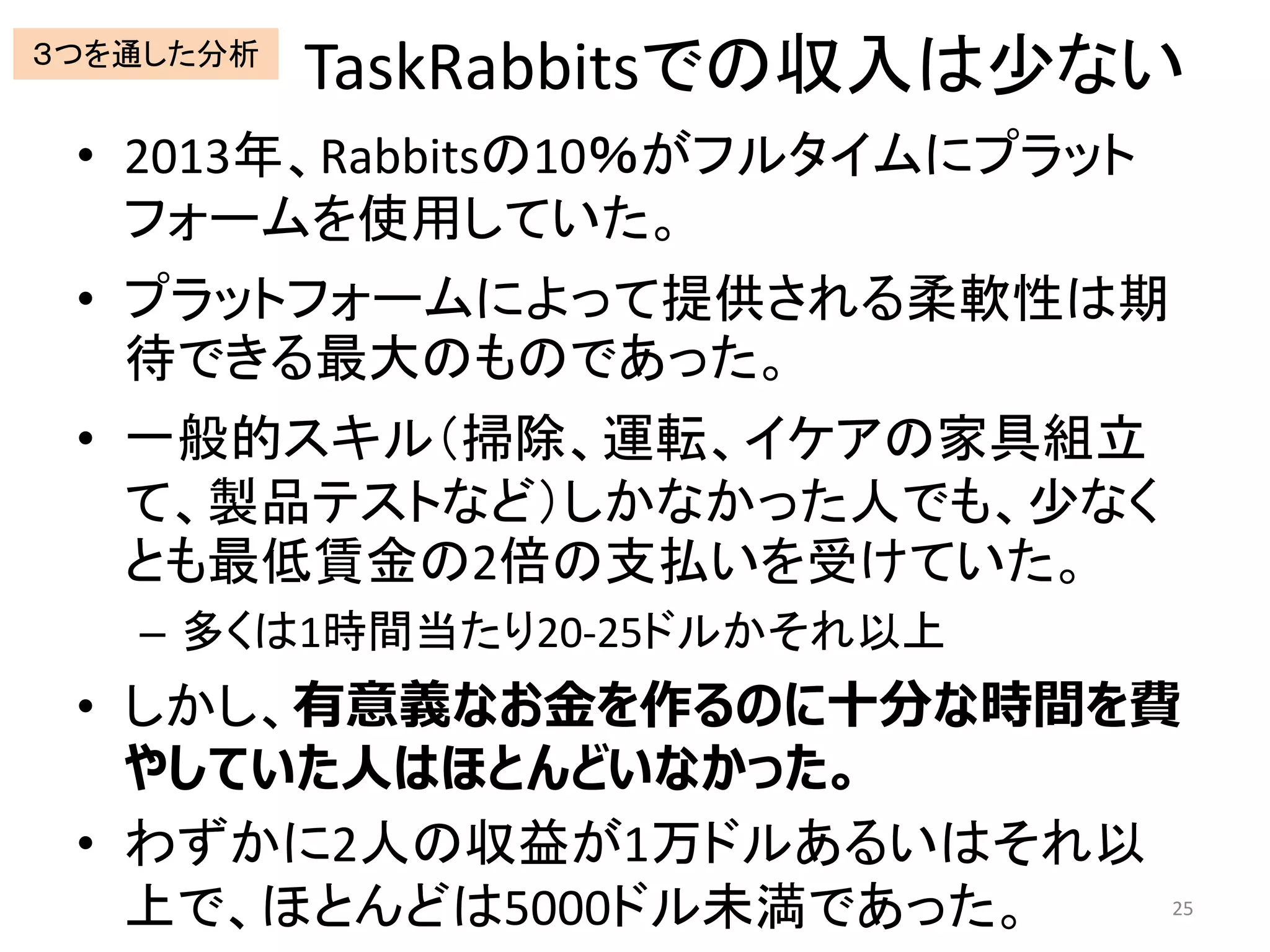 TaskRabbitsでの収入は少ない
• 2013年、Rabbitsの10％がフルタイムにプラット
フォームを使用していた。
• プラットフォームによって提供される柔軟性は期
待できる最大のものであった。
• 一般的スキル（掃除、運転、イケアの家具組立
て、製品テストなど）しかなかった人でも、少なく
とも最低賃金の2倍の支払いを受けていた。
– 多くは1時間当たり20-25ドルかそれ以上
• しかし、有意義なお金を作るのに十分な時間を費
やしていた人はほとんどいなかった。
• わずかに2人の収益が1万ドルあるいはそれ以
上で、ほとんどは5000ドル未満であった。 25
３つを通した分析
 