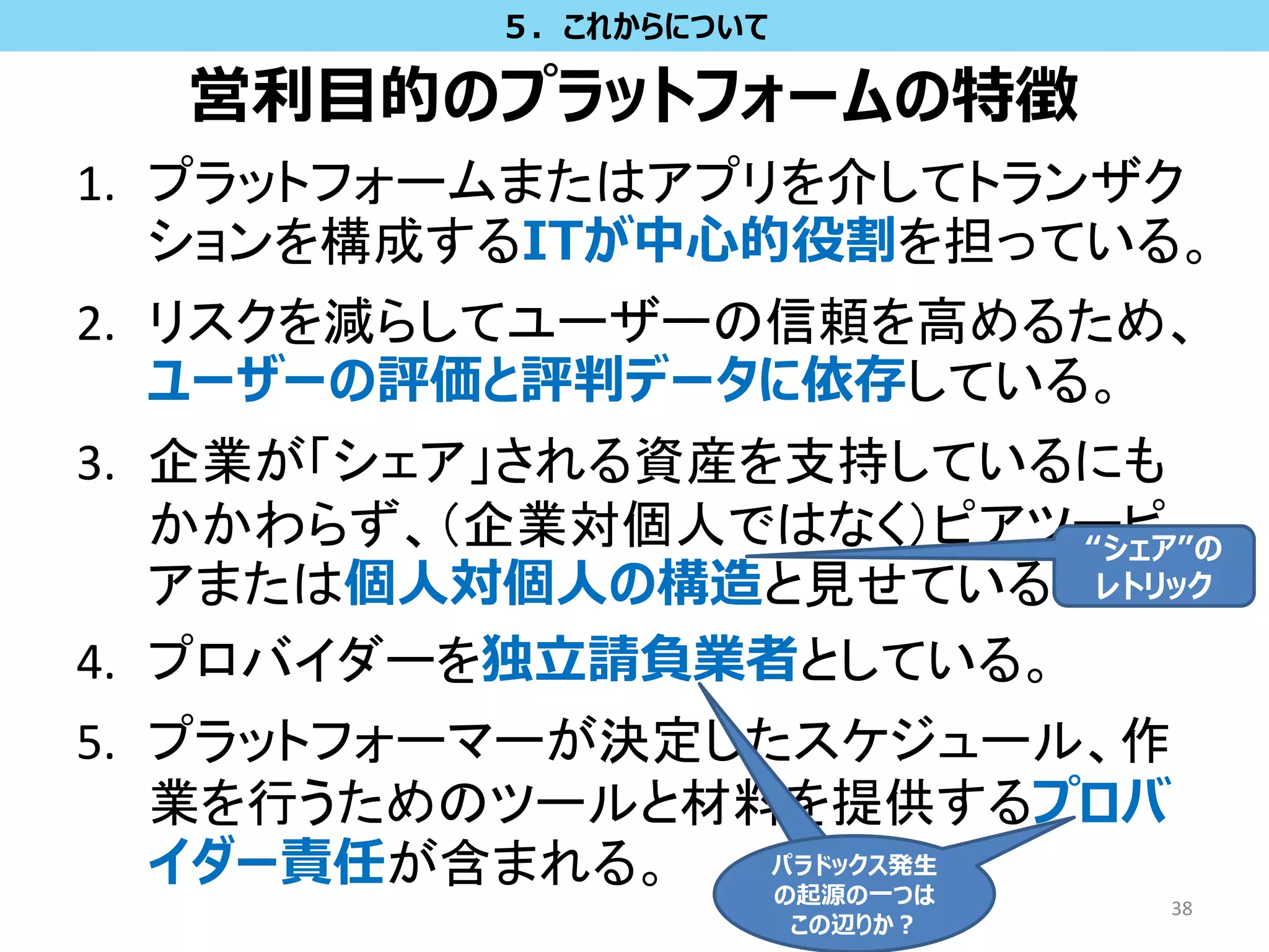 営利目的のプラットフォームの特徴
1. プラットフォームまたはアプリを介してトランザク
ションを構成するITが中心的役割を担っている。
2. リスクを減らしてユーザーの信頼を高めるため、
ユーザーの評価と評判データに依存している。
3. 企業が「シェア」される資産を支持しているにも
かかわらず、（企業対個人ではなく）ピアツーピ
アまたは個人対個人の構造と見せている。
4. プロバイダーを独立請負業者としている。
5. プラットフォーマーが決定したスケジュール、作
業を行うためのツールと材料を提供するプロバ
イダー責任が含まれる。
38
５．これからについて
“シェア”の
レトリック
パラドックス発生
の起源の一つは
この辺りか？
 