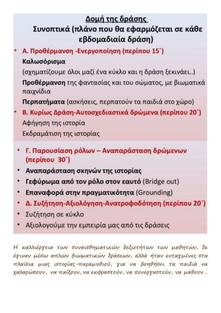 Η καλλιέργεια των συναισθηματικών δεξιοτήτων των μαθητών, δε
έγιναν μέσω απλών βιωματικών δράσεων, αλλά ήταν ενταγμένες στα
πλαίσια μιας ιστορίας-παραμυθιού, για να βοηθήσει τα παιδιά να
χαλαρώσουν, να παίξουν, να εκφραστούν, να συνεργαστούν, να μάθουν…
 