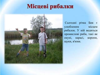 Сьогодні річка Бик є
улюбленим місцем
рибалок. У ній водяться
промислові риби, такі як
окуні, карасі, коропи,
щуки, в'юни.
 