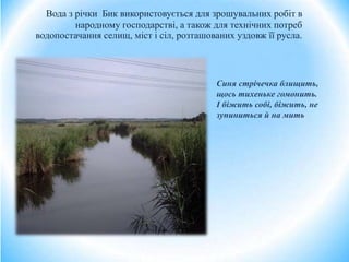 Вода з річки Бик використовується для зрошувальних робіт в
народному господарстві, а також для технічних потреб
водопостачання селищ, міст і сіл, розташованих уздовж її русла.
Синя стрічечка блищить,
щось тихеньке гомонить.
І біжить собі, біжить, не
зупиниться й на мить
 