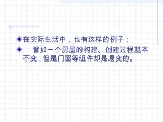 在实际生活中，也有这样的例子：
譬如一个房屋的构建。创建过程基本
不变 , 但是门窗等组件却是易变的。
 