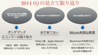 © 2017 NTT DOCOMO, INC. All rights reserved.
Wearableデバイスは来るのか？
Uberification(Uberの類
似サービス)はどこに向
かうのか？
Bitcoinは死んだのか？
オンデマンド 
エコノミーは益々拡⼤
収益性、雇⽤、訴訟等の 
問題を抱えつつも世界に拡⼤
まだ来てない
Fitbit上場、Apple Watchの 
発売はあったものの。。。
VRに⼤⼿が注⽬
Bitcoin利⽤は停滞
Blockchainの利⽤⽅法に 
トレンドがシフト。
各社の資⾦繰りからも 
2016年が勝負の年
2014 1Q の⾒⽴て振り返り
50
 