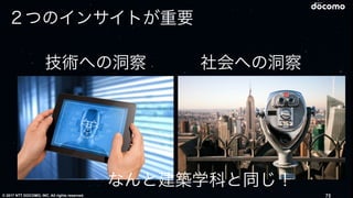 © 2017 NTT DOCOMO, INC. All rights reserved. 75
２つのインサイトが重要
技術への洞察 社会への洞察
なんと建築学科と同じ！
 