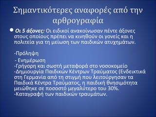 Σημαντικότερες αναφορές από την
αρθρογραφία
Οι 5 άξονες: Οι ειδικοί ανακοίνωσαν πέντε άξονες
στους οποίους πρέπει να κινηθούν οι γονείς και η
πολιτεία για τη μείωση των παιδικών ατυχημάτων.
-Πρόληψη
- Eνημέρωση
-Γρήγορη και σωστή μεταφορά στο νοσοκομείο
-Δημιουργία Παιδικών Κέντρων Τραύματος (Ενδεικτικά
στη Γερμανία από τη στιγμή που λειτούργησαν τα
Παιδικά Κέντρα Τραύματος, η παιδική θνησιμότητα
μειώθηκε σε ποσοστό μεγαλύτερο του 30%.
-Καταγραφή των παιδικών τραυμάτων.
 