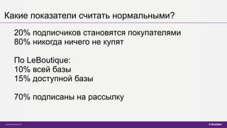 Какие показатели считать нормальными?
20% подписчиков становятся покупателями
80% никогда ничего не купят
По LeBoutique:
10% всей базы
15% доступной базы
70% подписаны на рассылку
 