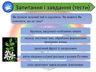 Ви купили зелений чай із саусепом. Чи можете Ви
пояснити, що це таке?
бруньки, висушені особливим чином
молоді листочки чаю, оброблені ферментами
тропічних комах
тропічний фрукт із цитрусових
квіти південно-східної рослини з родини Рутових
плід тропічних дерев родини Аннонових
Запитання і завдання (тести)Запитання і завдання (тести)
 