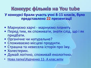 У конкурсі брали участь учні 8-11 класів, було
представлено 22 презентації
• Марнуємо харчі - марнуємо планету.
• Перед тим, як споживати, знати слід, що і як
придбати.
• Органічне чи натуральне?
• Споживаємо місцеві продукти.
• Страшна та невесела історія про їжу.
• Холестерин.
• Думай логічно, споживай екологічно.
• Нова папкаКурченко 11- А клас.wmv
 
