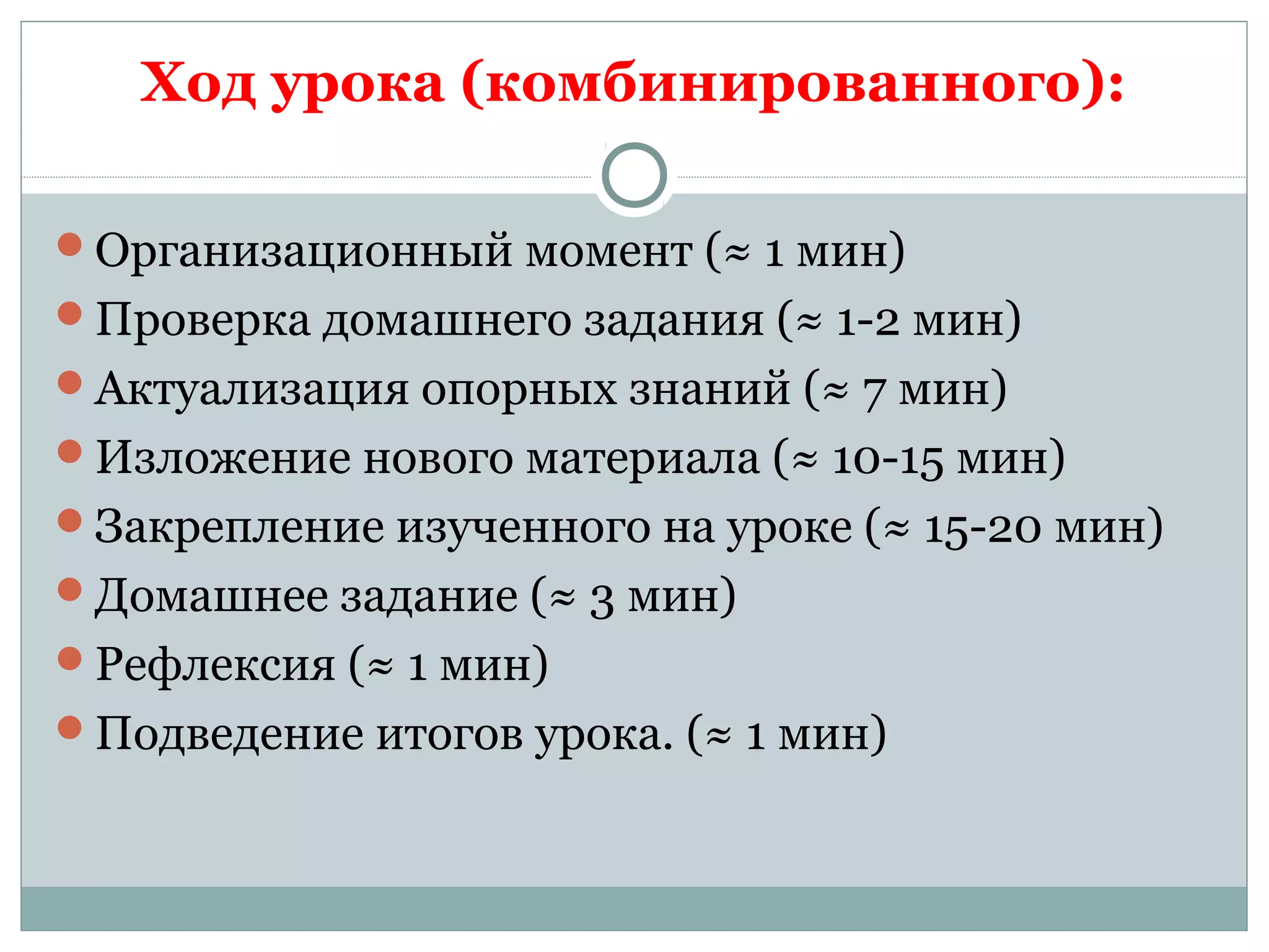 Ход урока (комбинированного):
Организационный момент (≈ 1 мин)
Проверка домашнего задания (≈ 1-2 мин)
Актуализация опорных знаний (≈ 7 мин)
Изложение нового материала (≈ 10-15 мин)
Закрепление изученного на уроке (≈ 15-20 мин)
Домашнее задание (≈ 3 мин)
Рефлексия (≈ 1 мин)
Подведение итогов урока. (≈ 1 мин)
 