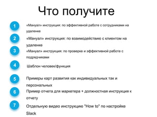 Что получите
«Мануал» инструкция: по взаимодействию с клиентом на
удаленке
1
2
«Мануал» инструкция: по эффективной работе с сотрудниками на
удаленке
«Мануал» инструкция: по проверке и эффективной работе с
подрядчиками
3
Шаблон человек/функция
Примеры карт развития как индивидуальных так и
персональных
Пример отчета для маркетера + должностная инструкция к
отчету
4
5
6
Отдельную видео инструкцию "How to" по настройке
Slack
7