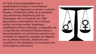 Στο Τρίτο Κύμα περιλαμβάνονται η
ομοφυλόφιλη θεωρία, η συνειδησιακή
αφύπνιση των έγχρωμων γυναικών, η κριτική
θεωρία, ο διεθνισμός αλλά και η ανατροπή
μιας αντιληπτής καταπίεσης από την
πατριαρχία. Από τη δεκαετία του 1980
φεμινίστριες υποστηρίζουν ότι το κίνημα
πρέπει να αντιμετωπίσει παγκόσμια
προβλήματα (όπως ο βιασμός, η αιμομιξία, και
η πορνεία) και πολιτισμικά θέματα (όπως ο
ακρωτηριασμός των γεννητικών οργάνων των
γυναικών σε ορισμένες περιοχές της Αφρικής
και της Μέσης Ανατολής, πρακτικές που
εμποδίζουν την προώθηση των γυναικών στις
ανεπτυγμένες οικονομίες)
 