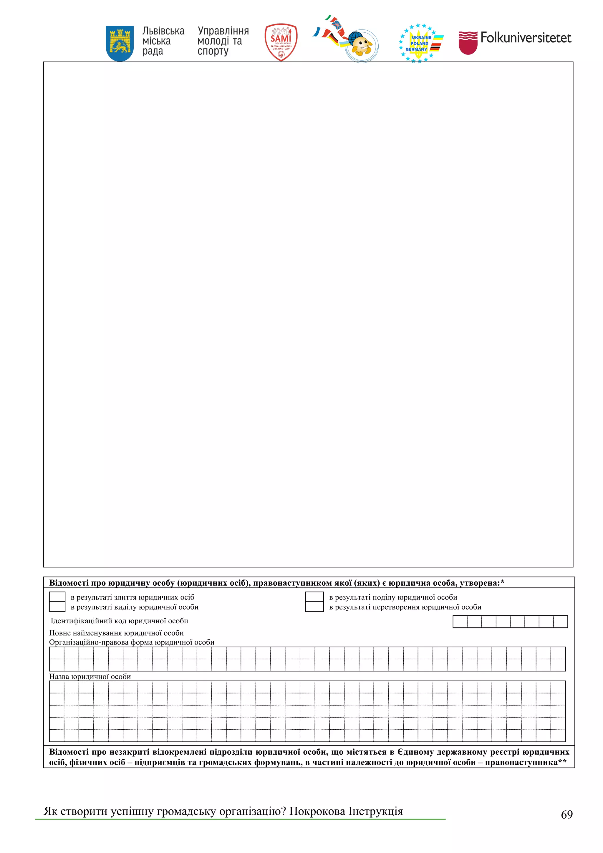 Як створити успішну громадську організацію? Покрокова Інструкція 69
Відомості про юридичну особу (юридичних осіб), правонаступником якої (яких) є юридична особа, утворена:*
в результаті злиття юридичних осіб в результаті поділу юридичної особи
в результаті виділу юридичної особи в результаті перетворення юридичної особи
Ідентифікаційний код юридичної особи
Повне найменування юридичної особи
Організаційно-правова форма юридичної особи
Назва юридичної особи
Відомості про незакриті відокремлені підрозділи юридичної особи, що містяться в Єдиному державному реєстрі юридичних
осіб, фізичних осіб – підприємців та громадських формувань, в частині належності до юридичної особи – правонаступника**
 