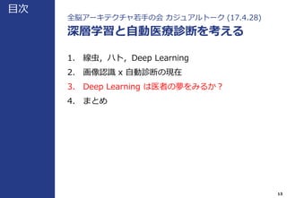 目次
全脳アーキテクチャ若手の会 カジュアルトーク (17.4.28)
深層学習と自動医療診断を考える
1. 線虫，ハト，Deep Learning
2. 画像認識 x 自動診断の現在
3. Deep Learning は医者の夢をみるか？
4. まとめ
13
 