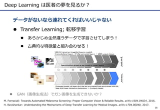 Deep Learning は医者の夢を見るか？
 Transfer Learning; 転移学習
 あらかじめ全然違うデータで学習させてしまう！
 古典的な特徴量と組み合わせる！
データがないなら連れてくればいいじゃない
16
H. Ravishankar: Understanding the Mechanisms of Deep Transfer Learning for Medical Images. arXiv:1704.06040, 2017.
 GAN（画像生成法）でガン画像を生成できないか？
M. Fornaciali: Towards Automated Melanoma Screening: Proper Computer Vision & Reliable Results. arXiv:1604.04024, 2016.
 