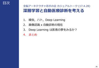 目次
全脳アーキテクチャ若手の会 カジュアルトーク (17.4.28)
深層学習と自動医療診断を考える
1. 線虫，ハト，Deep Learning
2. 画像認識 x 自動診断の現在
3. Deep Learning は医者の夢をみるか？
4. まとめ
21
 