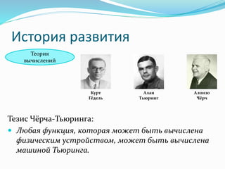 История развития
Теория
вычислений
Курт
Гёдель
Алан
Тьюринг
Алонзо
Чёрч
Тезис Чёрча-Тьюринга:
 Любая функция, которая может быть вычислена
физическим устройством, может быть вычислена
машиной Тьюринга.
 