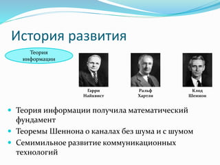 История развития
Теория
информации
Гарри
Найквист
Ральф
Хартли
Клод
Шеннон
 Теория информации получила математический
фундамент
 Теоремы Шеннона о каналах без шума и с шумом
 Семимильное развитие коммуникационных
технологий
 