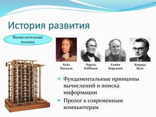 История развития
Вычислительная
техника
Блёз
Паскаль
Чарльз
Бэббидж
Семён
Корсаков
Конрад
Цузе
 Фундаментальные принципы
вычислений и поиска
информации
 Пролог к современным
компьютерам
 
