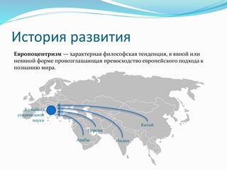 История развития
Европоцентризм — характерная философская тенденция, в явной или
неявной форме провозглашающая превосходство европейского подхода к
познанию мира.
Арабы
Персия
Индия
Китай
Колыбель
современной
науки
 