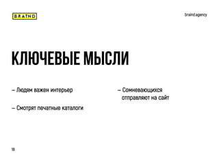 braind.agency
18
— Людям важен интерьер
Ключевые мысли
— Смотрят печатные каталоги
— Сомневающихся
отправляют на сайт
 