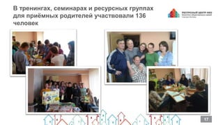 В тренингах, семинарах и ресурсных группах
для приёмных родителей участвовали 136
человек
17
 