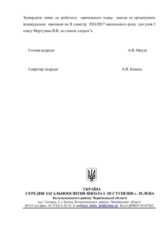 Затвердити зміни до робочого навчального плану школи та організувати
індивідуальне навчання на ІІ семестр 2016/2017 навчального року для учня 2
класу Моргуляка В.В. за станом здоров’я
Голова педради A.B. Нікула
Секретар педради A.B. Коваль
УКРАЇНА
СЕРЕДНЯ ЗАГАЛЬНООСВІТНЯ ШКОЛА І- ІІІ СТУПЕНІВ с. ЗЕЛЕНА
Кельменецького району Чернівецької області
вул. Головна, 2, c.Зелена, Кельменецького району, Чернівецької області
60133 тел./факс: (0 3732) 3-22-16 Е-mail:mon_kelm_zel@meta.ua Код ЄДРПОУ 02147262
 