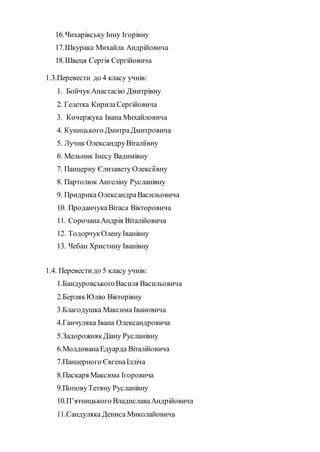 16.Чихарівську Інну Ігорівну
17.Шкурака Михайла Андрійовича
18.Швеця Сергія Сергійовича
1.3.Перевести до 4 класу учнів:
1. Бойчук Анастасію Дмитрівну
2. Гелетка КирилаСергійовича
3. Кочержука Івана Михайловича
4. Куницького ДмитраДмитровича
5. Лучик ОлександруВіталіївну
6. Мельник Інесу Вадимівну
7. Панцерну Єлизавету Олексіївну
8. Партолюк Ангеліну Русланівну
9. Придрика ОлександраВасильовича
10. ПроданчукаВітаса Вікторовича
11. СорочанаАндрія Віталійовича
12. ТодорчукОленуІванівну
13. Чебан Христину Іванівну
1.4. Перевести до 5 класу учнів:
1.БандуровськогоВасиля Васильовича
2.БерлякЮлію Вікторівну
3.Благодушка Максима Івановича
4.Ганчуляка Івана Олександровича
5.ЗадорожнякДіану Русланівну
6.МолдованаЕдуарда Віталійовича
7.Панцерного ЄвгенаІлліча
8.Паскаря Максима Ігоровича
9.ПоповуТетяну Русланівну
10.П’ятницького ВладиславаАндрійовича
11.Сандуляка Дениса Миколайовича
 