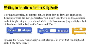 Writing Instructions for the Kitty Part6
Now it gets exciting. It's time for Kitty to learn how to draw her first shapes.
Remember from the Introduction how you taught your friend to draw a square
and a triangle using steps and angles? Go to the Motion category and take a look
at the elements that begin with "Move" and "Turn."
Arrange the "Move," "Turn," and "Repeat" elements in a way that you think will
make Kitty draw shapes.
 