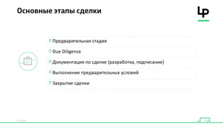Предварительная стадия
Due Diligence
Документация по сделке (разработка, подписание)
Выполнение предварительных условий
Закрытие сделки
 