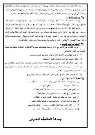 ‫إلى‬ ‫تهدف‬ ‫ممارسات‬‫استيعاب‬‫طاقات‬‫الطالب‬‫في‬‫كل‬‫ما‬‫هو‬‫مفيد‬‫مما‬‫يساعد‬‫على‬‫بناء‬‫الشخصية‬‫االجتماعية‬
‫السوية‬‫مع‬‫اآلخرين‬‫وإعداد‬‫الطالب‬‫للمشاركة‬‫في‬‫المجتمع‬‫بإيجابية‬‫وفاعليه‬‫واكتشاف‬‫الموهوبين‬‫والنابغين‬‫ف‬‫ي‬‫األنشطة‬
،‫وتعمل‬‫على‬‫غرس‬‫القيم‬‫االجتماعية‬‫كالعدالة‬‫واألمن‬‫واحترام‬‫العمل‬‫و‬‫الوقت‬‫كقيم‬‫ايجابية‬‫لدفع‬‫عجلة‬‫التنمية‬.
‫ال‬ ‫جماعات‬‫نش‬‫اط‬:-
‫السلوك‬ ‫من‬ ‫معينة‬ ‫أنماط‬ ‫األفراد‬ ‫إكساب‬ ‫إلى‬ ‫تهدف‬ ‫منظمة‬ ‫عامه‬ ‫اجتماعية‬ ‫تكوينات‬‫أهداف‬ ‫تتخللها‬ ، ‫والمهارات‬
. ‫تقومية‬ ‫أو‬ ‫عالجية‬ ‫أو‬ ‫انشائية‬ ‫أو‬ ‫انمائية‬ ‫صيغ‬ ‫لها‬ ‫تكون‬ ‫قد‬ ‫كامنه‬ ‫أهداف‬ ‫ذات‬ ‫ثابتة‬ ‫خطط‬ ‫وفق‬ ‫نشاطاتها‬ ‫وتسري‬ ‫معلنة‬
، ‫جماعة‬ ‫أي‬ ‫نشاطات‬ ‫تنفيذ‬ ‫بدء‬ ‫قبل‬ ‫األهداف‬ ‫من‬ ‫عدد‬ ‫عينية‬ ‫نصب‬ ‫يضع‬ ‫أن‬ ‫البد‬ ‫الجماعات‬ ‫لتلك‬ ‫العام‬ ‫والمنسق‬
‫مشروعا‬ ‫تنفيذ‬ ‫عند‬ ‫يقرر‬ ‫وأن‬‫التربية‬ ‫مكتب‬ ‫يتكفل‬ ‫التي‬ ‫الفئاتا‬ ‫من‬ ‫لعدد‬ ‫مباشرة‬ ‫غير‬ ‫خدمات‬ ‫تقدم‬ ‫محددة‬ ‫برامج‬ ‫تها‬
‫نسبة‬ ‫جماعه‬ ‫اى‬ ‫عضوية‬ ‫تتضمن‬ ‫أن‬ ‫يجب‬ ‫هذا‬ ‫وعلى‬ ، ‫برعايتها‬ ‫االجتماعية‬52%‫عالجية‬ ‫حاالت‬ ‫اعضائها‬ ‫اجمالى‬ ‫من‬
‫لتلك‬ ‫مباشرة‬ ‫غير‬ ‫خدمات‬ ‫بتقديم‬ ‫مشروعاته‬ ‫في‬ ‫ويلتزم‬ ‫االجتماعي‬ ‫األخصائي‬ ‫عنها‬ ‫يعلن‬ ‫ال‬. ‫الفئات‬
‫أهداف‬‫جماعات‬‫النشاط‬:-
1)‫تدريب‬‫اآلخرين‬ ‫مع‬ ‫التعامل‬ ‫على‬ ‫الطالب‬‫الئقة‬ ‫بصورة‬ ‫مجتمعاتهم‬ ‫داخل‬‫السليم‬ ‫االجتماعية‬ ‫العالقات‬ ‫لتكوين‬‫ة‬
‫والقضاء‬‫االجتماعي‬ ‫التوتر‬ ‫على‬.
5)‫ترغيب‬‫العمل‬ ‫على‬ ‫وتعويدهم‬ ‫التعاونية‬ ‫األعمال‬ ‫في‬ ‫الطالب‬‫الجماعي‬.
3)‫تنشئة‬‫احترام‬ ‫على‬ ‫الطالب‬‫ا‬‫لنظام‬‫المس‬ ‫وتقدير‬‫ؤو‬‫لية‬.
4)‫تعويد‬‫النشاط‬ ‫في‬ ‫الطالب‬‫العادات‬ ‫على‬ ‫االجتماعي‬‫كاحترام‬ ‫الحسنة‬‫المواعيد‬‫ال‬ ‫وآداب‬‫الحسن‬ ‫والكالم‬ ‫حوار‬
2)‫اكتساب‬‫في‬ ‫االجتماعية‬ ‫والخبرة‬ ‫النشاط‬ ‫أثناء‬ ‫واليدوية‬ ‫العلمية‬ ‫المهارات‬ ‫بعض‬‫السلوك‬‫الجت‬ ‫والتعامل‬‫ياز‬
‫من‬ ‫والوقاية‬ ‫النفسية‬ ‫األزمات‬‫االنحرافات‬.
6)‫اال‬‫ستفادة‬‫والترويح‬ ‫العمل‬ ‫بين‬ ‫الوقت‬ ‫تنظيم‬ ‫على‬ ‫والقدرة‬ ‫الفراغ‬ ‫أوقات‬ ‫من‬.
‫أه‬‫مية‬‫النشاط‬‫االجتماعي‬:-
1)‫تنمية‬‫وبناء‬‫شخصية‬‫الطالب‬‫و‬‫بروز‬‫قيادات‬‫طــــــــــــــــالبية‬‫رائعة‬.
5)‫انتظام‬‫متميز‬‫للعمــــــــــــــــــــــــــــل‬‫في‬‫المدرسة‬.
3)‫تعميق‬‫حس‬‫اإلنتمــــــــــــــــــــــــــــــاء‬‫والوالء‬‫بين‬‫الطالب‬.
4)‫انعكاس‬‫روح‬‫العمـــــــــــــل‬‫الجماعي‬‫على‬‫سلوك‬‫الطالب‬.
2)‫ظهور‬‫مبادرات‬‫عملية‬‫لحل‬‫مشاكل‬‫طالبية‬‫نابعة‬‫من‬‫الطالب‬.
6)‫صقل‬‫مواهب‬‫الطالب‬‫وإبداعاتهم‬‫ومحاولة‬‫تنميتها‬‫بالشكل‬‫السليم‬.
7)‫زرع‬‫الثقة‬‫بالنفس‬‫لدى‬‫أبنائنا‬‫الطالب‬,‫وبث‬‫روح‬‫التنافس‬‫فيما‬‫بينهم‬.
8)‫ترسيخ‬‫روح‬‫التعاون‬‫بين‬‫الطالب‬‫والمعلمين‬‫وإدارة‬‫المدرسة‬.
‫التعاوني‬ ‫المقصف‬ ‫جماعة‬
 