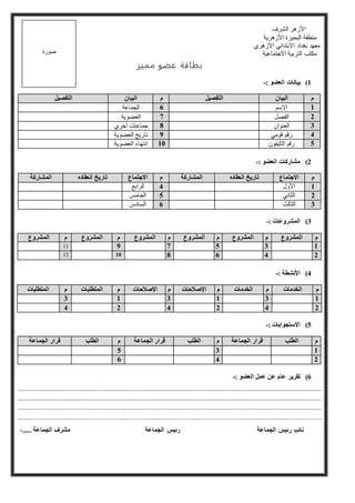 ‫الشرف‬ ‫األزهر‬
‫األزهرية‬ ‫البحيرة‬ ‫منطقة‬
‫األزهري‬ ‫االبتدائي‬ ‫بغداد‬ ‫معهد‬
‫االجتماعية‬ ‫التربية‬ ‫مكتب‬
‫مميز‬ ‫عضو‬ ‫بطاقة‬
1)‫العضو‬ ‫بيانات‬:-
‫م‬‫البيان‬‫التفصيل‬‫م‬‫البيان‬‫التفصيل‬
1‫االسم‬6‫الجماعة‬
2‫ال‬‫فصل‬7‫العضوية‬
3‫العنوان‬8‫أخري‬ ‫جماعات‬
4‫قومي‬ ‫رقم‬9‫العضوية‬ ‫تاريخ‬
5‫التليفون‬ ‫رقم‬11‫العضوية‬ ‫انتهاء‬
2)‫العضو‬ ‫مشاركات‬:-
‫م‬‫اال‬‫تجماا‬‫انعقاده‬ ‫تاريخ‬‫الاشاركة‬‫م‬‫االتجماا‬‫انعقاده‬ ‫تاريخ‬‫الاشاركة‬
1‫األول‬4‫الرابع‬
2‫الثاني‬5‫الخامس‬
3‫الثالث‬6‫السادس‬
3)‫الاشروعات‬:-
‫م‬‫الاشرو‬‫م‬‫الاشرو‬‫م‬‫الاشرو‬‫م‬‫الاشرو‬‫م‬‫الاشرو‬‫م‬‫الاشرو‬
1357911
24681111
4)‫األنشطة‬:-
‫م‬‫ال‬‫خدمات‬‫م‬‫الخدمات‬‫م‬‫اإل‬‫لصحااات‬‫م‬‫اإل‬‫لصحااات‬‫م‬‫الا‬‫مطلبات‬‫م‬‫الا‬‫مطلبات‬
131313
242424
5)‫االسمجوابات‬:-
‫م‬‫ال‬‫طلب‬‫الجااعة‬ ‫قرار‬‫م‬‫ال‬‫طلب‬‫الجااعة‬ ‫قرار‬‫م‬‫ال‬‫طلب‬‫الجااعة‬ ‫قرار‬
135
246
6)‫ال‬ ‫عال‬ ‫عن‬ ‫عام‬ ‫تقرير‬‫عضو‬:-
..........................................................................................................................................................................
..........................................................................................................................................................................
..........................................................................................................................................................................
..........................................................................................................................................................................
‫رئيس‬ ‫نائب‬‫الجماعة‬‫الجماعة‬ ‫رئيس‬،..... ‫الجماعة‬ ‫مشرف‬
‫صورة‬
 