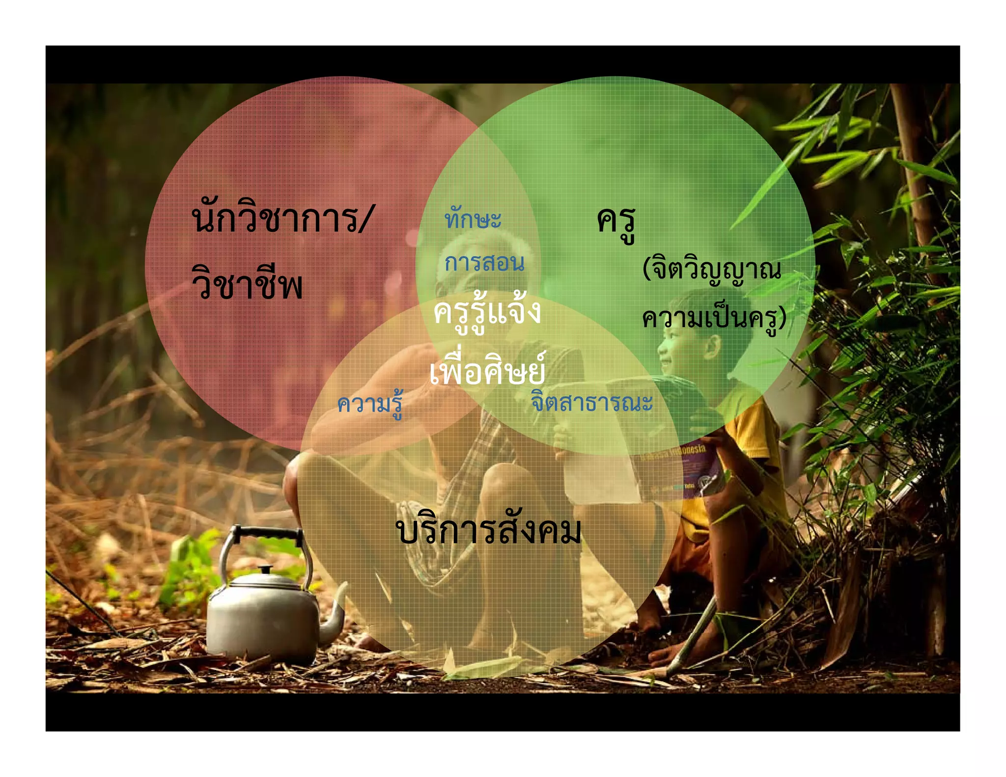 ทักษะ ครูนักวิชาการ/
(จิตวิญญาณ
ความเป็นครู)
การสอน
ู
ครูรู้แจ้งวิชาชีพ
ความรู้ จิตสาธารณะ
เพื่อศิษย์
บริการสังคมบรการสงคม
 