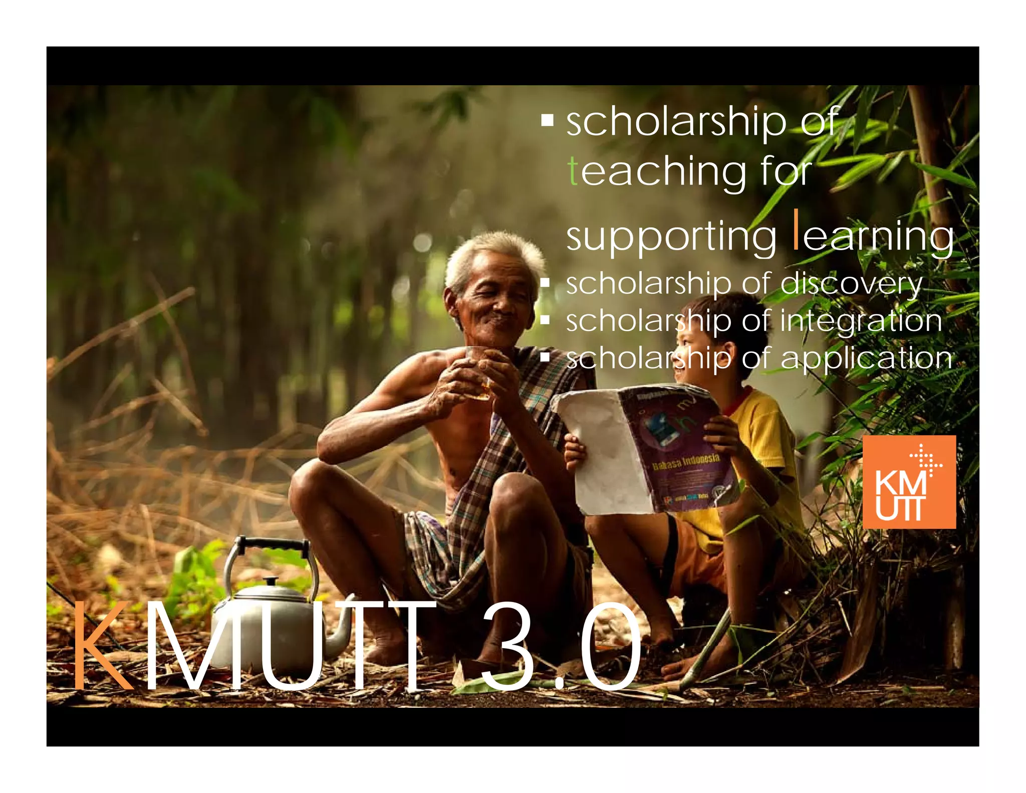 scholarship of
teaching for
supporting learningsupporting learning
scholarship of discovery
scholarship of integration
h l hi f li tischolarship of application
KMUTT 3 0KMUTT 3.0
 