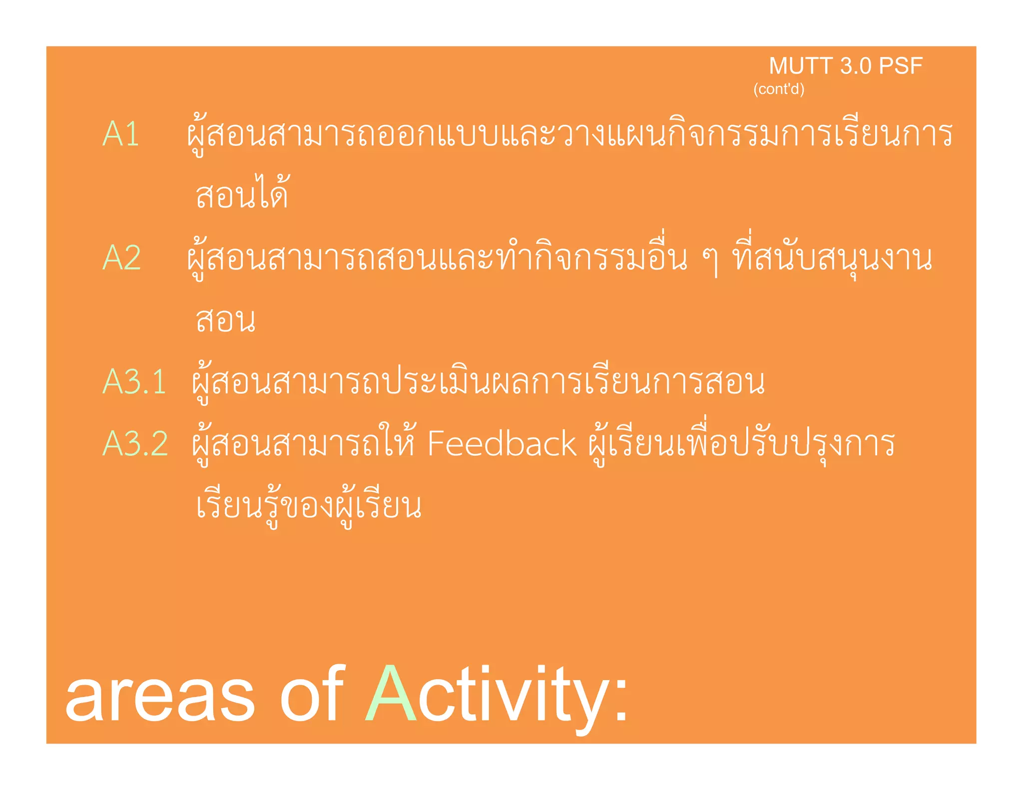 A1 ผ้สอนสามารถออกแบบและวางแผนกิจกรรมการเรียนการ
KMUTT 3.0 PSF
(cont'd)
ู
สอนได้
A2 ้ ํ ิ ื่ ี่ ัA2 ผูสอนสามารถสอนและทากิจกรรมอืน ๆ ทีสนบสนุนงาน
สอน
A3.1 ผู้สอนสามารถประเมินผลการเรียนการสอน
A3 2 ผ้สอนสามารถให้ Feedback ผ้เรียนเพื่อปรับปรงการA3.2 ผูสอนสามารถให Feedback ผูเรยนเพอปรบปรุงการ
เรียนรู้ของผู้เรียน
areas of Activity:
 