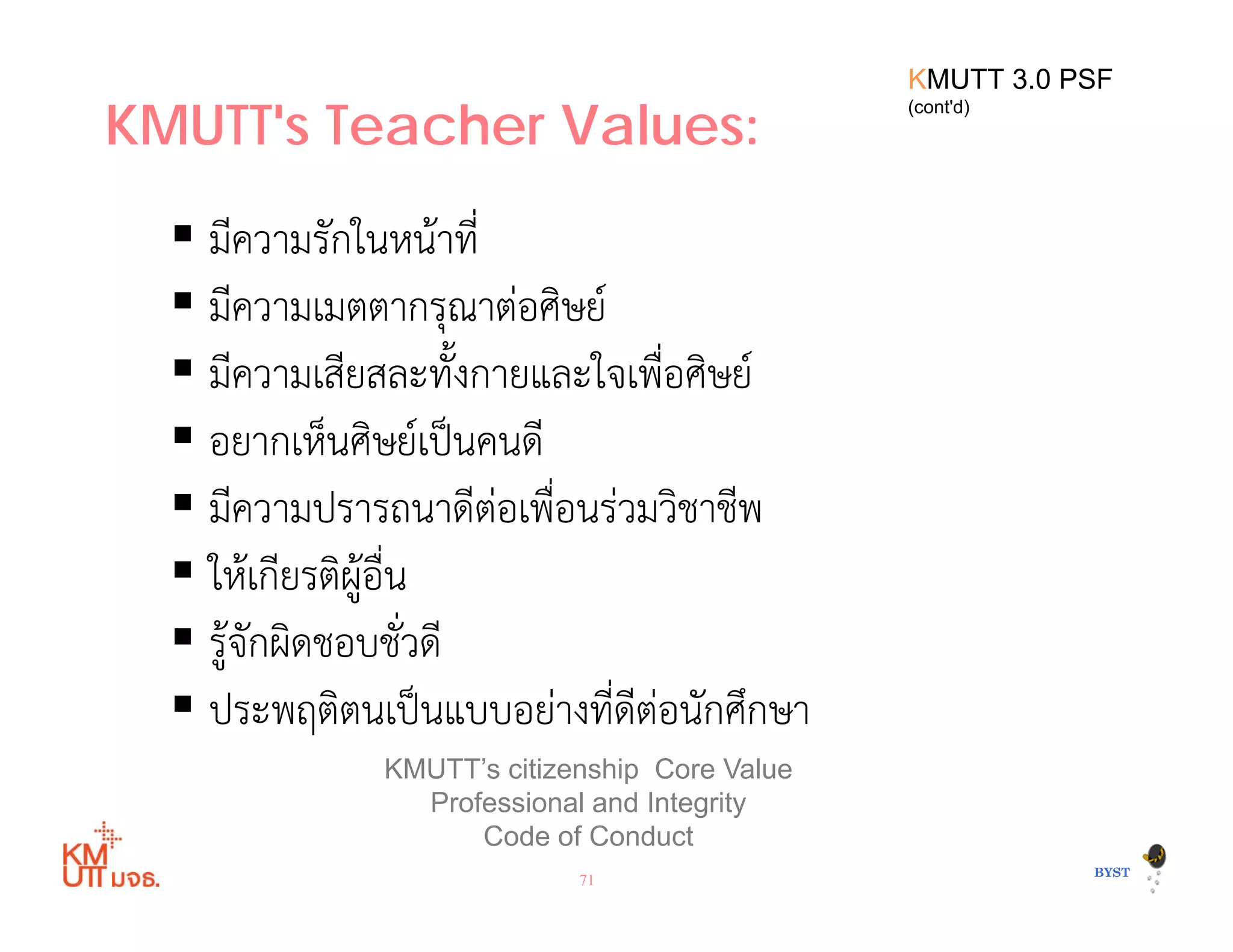 KMUTT's Teacher Values:
KMUTT 3.0 PSF
(cont'd)
มีความรักในหน้าที่
ี ่ ิ ์มความเมตตากรุณาตอศษย
มีความเสียสละทั้งกายและใจเพื่อศิษย์
อยากเห็นศิษย์เป็นคนดี
มีความปรารถนาดีต่อเพื่อนร่วมวิชาชีพ
ให้เกียรติผู้อื่น
ร้จักผิดชอบชั่วดี
KMUTT’s citizenship Core Value
รูจกผดชอบชวด
ประพฤติตนเป็นแบบอย่างที่ดีต่อนักศึกษา
71
BYSTBYST
KMUTT s citizenship Core Value
Professional and Integrity
Code of Conduct
 