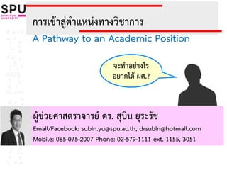 การเข้าสู่ตาแหน่งทางวิชาการ
A Pathway to an Academic Position
จะทาอย่างไร
อยากได้ ผศ.?
ผู้ช่วยศาสตราจารย์ ดร. สุบิน ยุระรัช
Email/Facebook: subin.yu@spu.ac.th, drsubin@hotmail.com
Mobile: 085-075-2007 Phone: 02-579-1111 ext. 1155, 3051
 