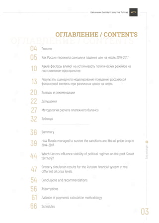 05
13
20
22
27
32
38
39
44
47
54
56
61
66
04
10
uifuture.org
03
ОГЛАВЛЕНИЕ / CONTENTS
ОГЛАВЛЕНИЕ / CONTENTS
Резюме
Как Россия пережила санкции и падение цен на нефть 2014-2017
Какие факторы влияют на устойчивость политических режимов на
постсоветском пространстве
Результаты сценарного моделирования поведения российской
финансовой системы при различных ценах на нефть
Выводы и рекомендации
Допущения
Методология расчета платежного баланса
Таблицы
Summary
How Russia managed to survive the sanctions and the oil price drop in
2014–2017
Which factors influence stability of political regimes on the post-Soviet
territory?
Scenery simulation results for the Russian financial system at the
different oil price levels
Conclusions and recommendations
Assumptions
Balance of payments calculation methodology
Schedules
 