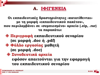 Α. ΙΦΙΓΕΝΕΙΑ
ΕΠΙΜΟΡΦΩΣΗ Β1 ΕΠΙΠΕΔΟΥ
ΚΣΕ 1ου ΓΕΛ ΚΑΒΑΛΑΣ
Ε.Σ.Ν.
 Περιγραφή εκπαιδευτικού σεναρίου
(σε μορφή .doc ή .pdf)
 Φύλλο εργασίας μαθητή
(σε μορφή .doc)
 Συνοδευτικά αρχεία
εφόσον απαιτούνται για την εφαρμογή
του εκπαιδευτικού σεναρίου
Οι εκπαιδευτικές δραστηριότητες «κατατίθενται»
με τη μορφή «εκπαιδευτικού πακέτου»,
που περιλαμβάνει σε «συμπιεσμένο» αρχείο (.zip, .rar)
τα παρακάτω:
 