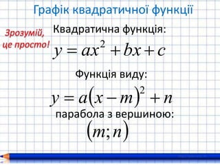 Графік квадратичної функції
Квадратична функція:
Функція виду:
cbxаху  2
  nmхау 
2
 nm;
парабола з вершиною:
 
