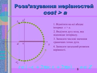 8
Розв’язування нерівностейРозв’язування нерівностей
cost > acost > a
0 x
y
1. Відмітити на осі абсцис
інтервал x > a.
2. Виділити дугу кола, яка
відповідає інтервалу.
3. Записати числові значення
граничних точок дуги.
4. Записати загальний розвязок
нерівності.
a
t1
-t1
( )1 12 ; 2 ,t t n t n n Z∈ − + π + π ∈
-1 1
 
