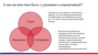 © Cisco и(или) ее аффилированные лица, 2014 г. Все права защищены. 44
А как же все-таки быть с угрозами и нормативкой?
Страх
ComplianceЭкономика
• Отражение угроз является тоже бизнес-
задачей, если мы будем рассматривать
не мифические или навязанные угрозы,
а то, что может нанести реальный ущерб
бизнесу
• Выполнение нормативно-
правовых актов тоже является
задачей бизнеса, если их
невыполнение влечет за собой
штрафы, приостановление
деятельности, дисквалификацию
и иные риски, которые
подтверждены
правоприменительной практикой
 