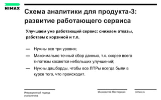 Схема аналитики для продукта-3:
развитие работающего сервиса
Итерационный подход
и аналитика
Иннокентий Нестеренко nimax.ru
Улучшаем уже работающий сервис: снижаем отказы,
работаем с корзиной и т.п.
— Нужны все три уровня;
— Максимально точный сбор данных, т.к. скорее всего
гипотезы касаются небольших улучшений;
— Нужны дашборды, чтобы все ЛПРы всегда были в
курсе того, что происходит.
 