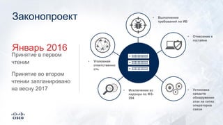 Законопроект
Принятие в первом
чтении
• Исключение из
надзора по ФЗ-
294
• Уголовная
ответственно
сть
• Отнесение к
гостайне
• Выполнение
требований по ИБ
Январь 2016
• Установка
средств
обнаружения
атак на сетях
операторов
связи
Принятие во втором
чтении запланировано
на весну 2017
 