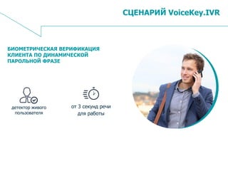 11
СЦЕНАРИЙ VoiceKey.IVR
БИОМЕТРИЧЕСКАЯ ВЕРИФИКАЦИЯ
КЛИЕНТА ПО ДИНАМИЧЕСКОЙ
ПАРОЛЬНОЙ ФРАЗЕ
детектор живого
пользователя
от 3 секунд речи
для работы
 