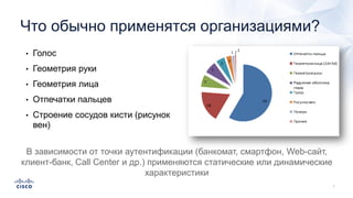 Что обычно применятся организациями?
• Голос
• Геометрия руки
• Геометрия лица
• Отпечатки пальцев
• Строение сосудов кисти (рисунок
вен)
В зависимости от точки аутентификации (банкомат, смартфон, Web-сайт,
клиент-банк, Call Center и др.) применяются статические или динамические
характеристики
 
