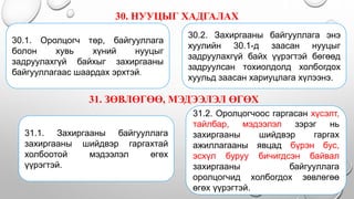 30. НУУЦЫГ ХАДГАЛАХ
31. ЗӨВЛӨГӨӨ, МЭДЭЭЛЭЛ ӨГӨХ
30.1. Оролцогч төр, байгууллага
болон хувь хүний нууцыг
задруулахгүй байхыг захиргааны
байгууллагаас шаардах эрхтэй.
30.2. Захиргааны байгууллага энэ
хуулийн 30.1-д заасан нууцыг
задруулахгүй байх үүрэгтэй бөгөөд
задруулсан тохиолдолд холбогдох
хуульд заасан хариуцлага хүлээнэ.
31.1. Захиргааны байгууллага
захиргааны шийдвэр гаргахтай
холбоотой мэдээлэл өгөх
үүрэгтэй.
31.2. Оролцогчоос гаргасан хүсэлт,
тайлбар, мэдээлэл зэрэг нь
захиргааны шийдвэр гаргах
ажиллагааны явцад бүрэн бус,
эсхүл буруу бичигдсэн байвал
захиргааны байгууллага
оролцогчид холбогдох зөвлөгөө
өгөх үүрэгтэй.
 