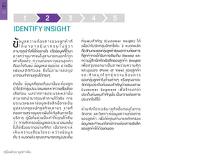 26
คู่มือพัฒนามูลค่าเพิ่ม
บทที่
02
1 2 3 4 5
IDENTIFY INSIGHT
ข้
อมูลความต้องการของลูกค้าที่
ไ ด้ ม า อ า จ มี ม า ก จ น ไ ม่ รู้ ว่ า
สามารถนำ�ไปใช้ได้อย่างไร หรือข้อมูลที่ได้มา
อาจกว้างมากจนไม่สามารถบอกได้ว่า
แท้จริงแล้ว ความต้องการของลูกค้า
คืออะไรกันแน่ ข้อมูลหลายอย่าง อาจเป็น
เพียงสถิติตัวเลข ซึ่งไม่สามารถสรุป
มาตอบคำ�ถามคุณได้ตรงๆ
ดังนั้น ข้อมูลที่คุณเก็บมานั้นจะต้องถูก
นำ�ไปจัดกลุ่มประมวลผลและหาความเชื่อมโยง
เสียก่อน ผลจากการประมวลเหล่านั้น
สามารถนำ�มาตอบคำ�ถามได้จริง การ
ประมวลผลหาข้อมูลเชิงลึกนี้อาจเป็น
อุปสรรคของนักธุรกิจหลายๆ รายที่
ต้องการสร้างมูลค่าเพิ่มให้กับสินค้าหรือ
บริการ คู่มือในส่วนนี้จะทำ�ให้คุณได้เห็น
ว่า การคัดกรองข้อมูลและประมวลผลนั้น
ไม่ใช่เรื่องยากอย่างที่คิด เมื่อวิเคราะห์
เ ห็ น ค ว า ม เ ชื่ อ ม โ ย ง ร ะ ห ว่ า ง ข้ อ มู ล
ทั้ง 5 หมวดแล้ว คุณจะสามารถสรุปประเด็น
ค้นพบสำ�คัญ (Customer Insight) ได้
เพื่อนำ�ไปจัดกลุ่มอีกครั้งใน 3 หมวดหลัก
คือลักษณะของกลุ่มลูกค้า(User)ความต้องการ
ที่ลูกค้าควรได้รับการเติมเต็ม (Needs) และ
ความรู้สึกนึกคิดเชิงลึกของลูกค้า (Insight)
เพื่อสรุปออกมาเป็นภาพรวมความคิด
และมุมมอง (Point of View) ของลูกค้า
แ ล ะ กำ � ห น ด โ จ ท ย์ ค ว า ม ต้ อ ง ก า ร
ของกลุ่มลูกค้าในด้านต่างๆ หรือคุณอาจจะ
จัดกลุ่มประเด็นค้นพบสำ�คัญด้วยแผนภาพ
Customer Segment เพื่อจำ�แนกว่า
ประเด็นค้นพบสำ�คัญนั้นเป็นความต้องการ
ประเภทใดก็ได้
ส่วนถัดไปจะอธิบายถึงขั้นตอนในการ
จัดสรร และวิเคราะห์ข้อมูลความต้องการ
ของลูกค้า เพื่อให้คุณสามารถคัดกรอง
ข้อมูลและกำ�หนดโจทย์ความต้องการเชิงลึก
ของลูกค้าได้ด้วยตนเอง
 