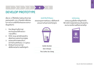 51
VALUE CREATION HANDBOOK
บทที่
02
1 2 3 4 5
DEVELOP PROTOTYPE
เมื่อนาย A ได้ไอเดียในการพัฒนาร้านกาแฟ
ของตนเองแล้ว นาย A จึงลงมือวางขั้นตอน
ในการทำ�งานเพื่อให้ไอเดียของเขาออกมา
เป็นรูปเป็นร่าง
1.	 ค้นหาข้อมูลว่าเมล็ดกาแฟ
	 และส่วนผสมอะไรที่ควรนำ�มา
	 วางขายที่ร้าน
2.	 คิดค้น Syrup สูตรพิเศษของร้าน
	 เพื่อสร้างความแตกต่างจากคู่แข่ง
3.	 ออกแบบแก้วกาแฟแบบใหม่ๆ
	 และจ้างร้านผลิตต้นแบบ 3-4 รูปแบบ
4.	 ฝึกเรียนทำ�ลวดลายกาแฟ
	 เพื่อใช้ตกแต่งแก้วกาแฟให้แก่ลูกค้า
ลองทำ�สินค้าต้นแบบ ออกแบบเมนู
Vanilla Brazilian
Dark Ethiopia
Thai Coffee Doi Chang
ลองผสมสูตรกาแฟต้นแบบ เพื่อให้รสชาติ
ผสมผสานกันอย่างลงตัวทุกสูตร
ออกแบบเมนูเพื่อสื่อสารให้ลูกค้าเข้าใจ
วิธีการสั่งกาแฟสูตรพิเศษแบบใหม่ของร้าน
และสามารถสั่งกาแฟได้อย่างง่ายที่สุด
 