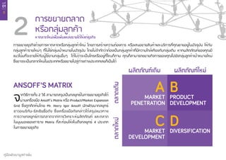 บทที่
01
8
คู่มือพัฒนามูลค่าเพิ่ม
การขยายธุรกิจด้วยการหาตลาดหรือกลุ่มลูกค้าใหม่ โดยการสร้างความต้องการ หรือเสนอขายสินค้าและบริการที่คุณขายอยู่ในปัจจุบัน ให้กับ
กลุ่มลูกค้ารายใหม่ๆ ที่ไม่ใช่กลุ่มเป้าหมายในปัจจุบัน โดยไม่จำ�กัดว่าต้องเป็นกลุ่มลูกค้าที่มีความใกล้เคียงกับกลุ่มเดิม หากผลิตภัณฑ์ของคุณมี
แนวโน้มที่จะขายให้กับผู้ใช้งานกลุ่มอื่นๆ ได้ไม่ว่าจะเป็นใครหรืออยู่ที่ไหนก็ตาม คุณก็สามารถขยายกิจการของคุณไปยังกลุ่มลูกค้าเป้าหมายใหม่
ซึ่งอาจจะเป็นตลาดใหม่ในประเทศหรือขยายไปสู่ต่างต่างประเทศเลยก็เป็นได้
หาตลาดใหม่เพื่อเพิ่มแหล่งรายได้ให้แก่ธุรกิจ
การขยายตลาด
หรือกลุ่มลูกค้า2
จากวิธีการทั้ง 2 วิธี สามารถสรุปเป็นกลยุทธ์ในการขยายธุรกิจได้
ผ่านเครื่องมือ Ansoff’s Matrix หรือ Product/Market Expansion
Grid ซึ่งถูกคิดค้นโดย Mr. Harry Igor Ansoff นักพัฒนากลยุทธ์
ชาวอเมริกัน-รัสเซียชื่อดัง ซึ่งเครื่องมือดังกล่าวได้สรุปแนวทาง
การวางกลยุทธ์การตลาดจากการวิเคราะห์ผลิตภัณฑ์ และตลาด
ในมุมมองของตาราง Matrix ที่สะท้อนให้เห็นถึงกลยุทธ์ 4 ประเภท
ในการขยายธุรกิจ
ANSOFF’S MATRIX
AMARKET
PENETRATION
BPRODUCT
DEVELOPMENT
CMARKET
DEVELOPMENT
DDIVERSIFICATION
 