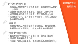散布猥褻物品罪
▸將被害人性隱私內容定性為猥褻，儼然是貶抑人格的
二度傷害
▸猥褻具有法律高度不確定性，使被害人欠缺保障
▸以保護社會法益之罪刑論處，忽視隱私個人法益
▸性隱私內容本人亦同意散布的情形下，散布人仍適用
散布猥褻物品罪
▸將參與者本人合於意願親自參與拍攝，具有創作性，
若視該內容為「誹謗」，有違被害人的主觀感受
誹謗罪
加重妨害秘密罪
▸我國刑法未明確區分「拍攝」與「散布」之差別
▸僅處罰「無故竊錄且散布」
▸未處罰「出於自願攝錄，但無故違反其意願之散布」
我國現行刑法
適用疑義
 